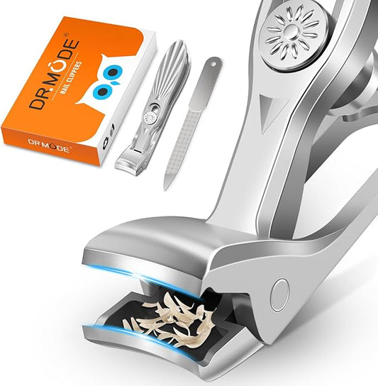 DRMODE Nail Clippers for Men Thick Nails, Angled Head Toe Nail Clippers for Thick Nails for Seniors, Wide Jaw Opening Toenail Clippers Heavy Duty Fingernail Clipper with Catcher Long Handle - Silver