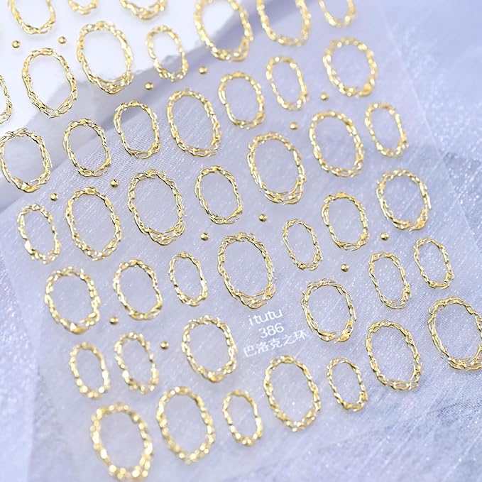 Gold Nail Art Stickers 5D Embossed Nail Stickers Circle Hollow Nail Decals Geometric Frames for Nails Designs Self-Adhesive Nail Art Supplies for Women Girls Summer DIY Manicure