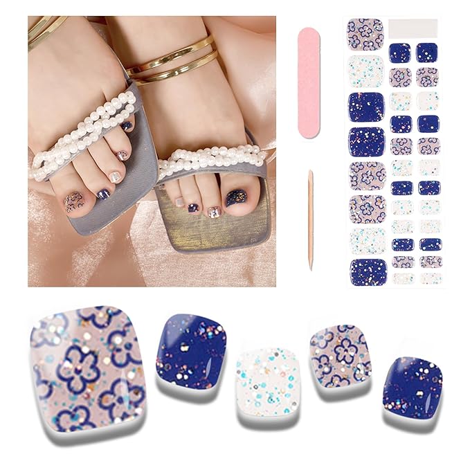 Semi Cured Gel Toenail Strips, 32 Sapphire-Blue Flower Gel Toenail Stickers - Works with Any UV Lamps Pedicure Strips Full Nail Wraps with Nail File & Wood Stick