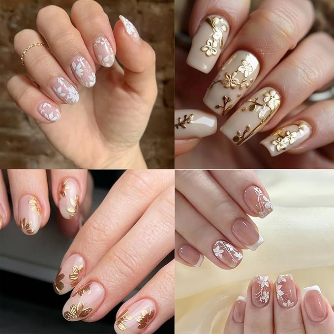 6 Sheets Flower Nail Stickers 3D Metallic Flower Leaf Nails Decals White Silver Gold Floral Nail Art Stickers Self Adhesive Hibiscus Flowers Nail Art Design Sticker for Women DIY Nail Accessories