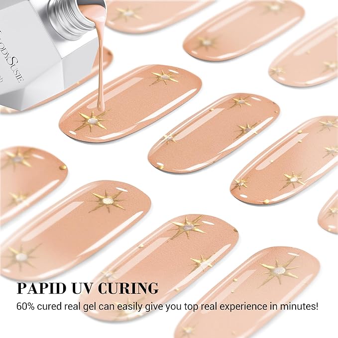 MelodySusie Semi Cured Gel Nail Strips (Nude Jelly Stars), Works with Nail Lamp, Salon Quality, Long Lasting, Easy to Apply and Remove, Includes 20Pcs, 2 Prep Pads, Nail File and Wooden Stick