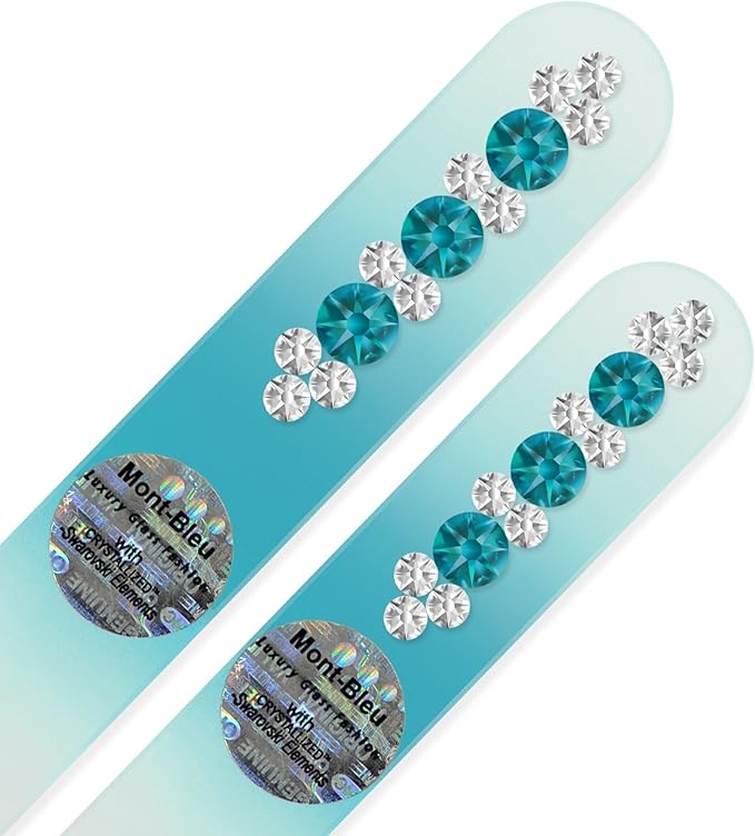 Crystal Glass Nail File - Mont Bleu Set of 2 Glass Nail Files Hand Decorated with Crystals - Handmade Gifts - Feels Great on Your Nails - Washable Nail Files - Gifts for Women
