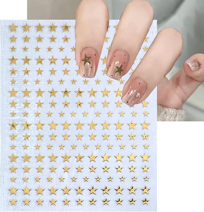 6 Sheets Star Nail Art Stickers Black Gold Silver Nail Decals with Silver Glitter Rhinestones Design 3D Self Adhesive Cute Star Nail Design Stickers Spring Nail Decor for Women Manicure Supplies