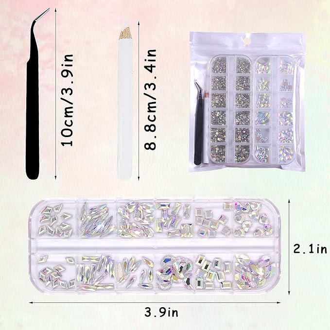 13 oz 3120pcs Crystal AB Nail Gems & Beads - HOINCO Rhinestones for DIY Nail Art with Tweezers & Pen