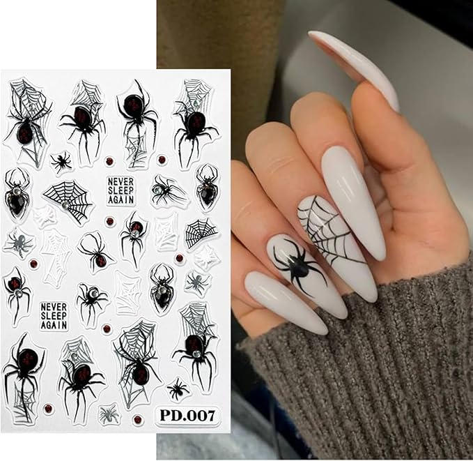 Halloween Embossed Nail Art Stickers -5D Cute Ghost Nail Decals for Nail Art Skull Spider Web Pumpkin with Rhinestones Design Self-Adhesive Nail Art Supplies Halloween Nail Decoration 4 Sheets