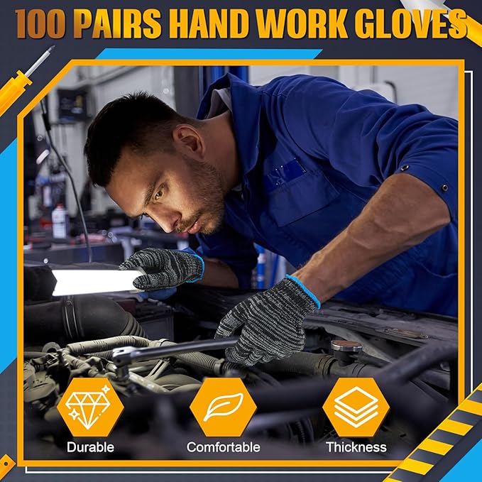 Sureio 100 Pairs Cotton Gloves Hand Cotton Liners Safety Knitted Polyester Gloves for BBQ Roping Men Women