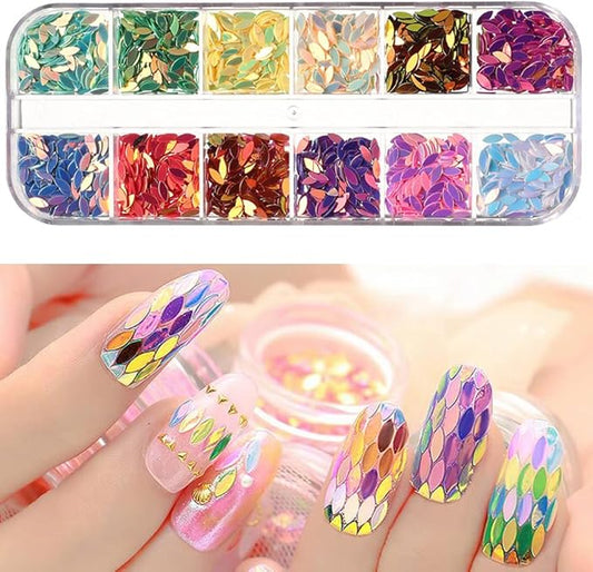 12 Colors Nail Art Glitter Sequins, 3D Sparkly Leaf Shape Nail Flakes Designs, Holographic Ultra-Thin Laser Leaf Glitter Acrylic Nails Supplies for Women Girls Manicure Decorations, DIY Shiny Crafts