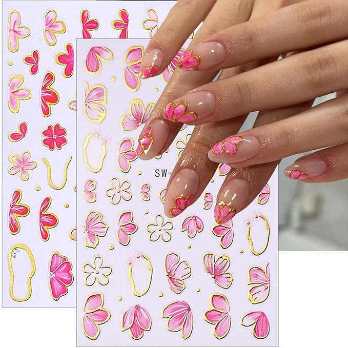 6Pcs Cherry Blossom Nail Art Sticker Decals Gold French Line Design Floral Stickers Flower Nail Stickers Peach Blossom Nails Decals Cute Manicure Decoration for Women DIY Spring Nails Supplies Charms