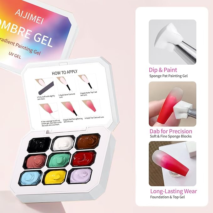 AIJIMEI Ombre Gel, Gradient Painting Gel, Ombre Gel Nail Polish, Including 100 Nail Sponges And Grabbing Pen Suitable For Salons And Family DIY (A7)