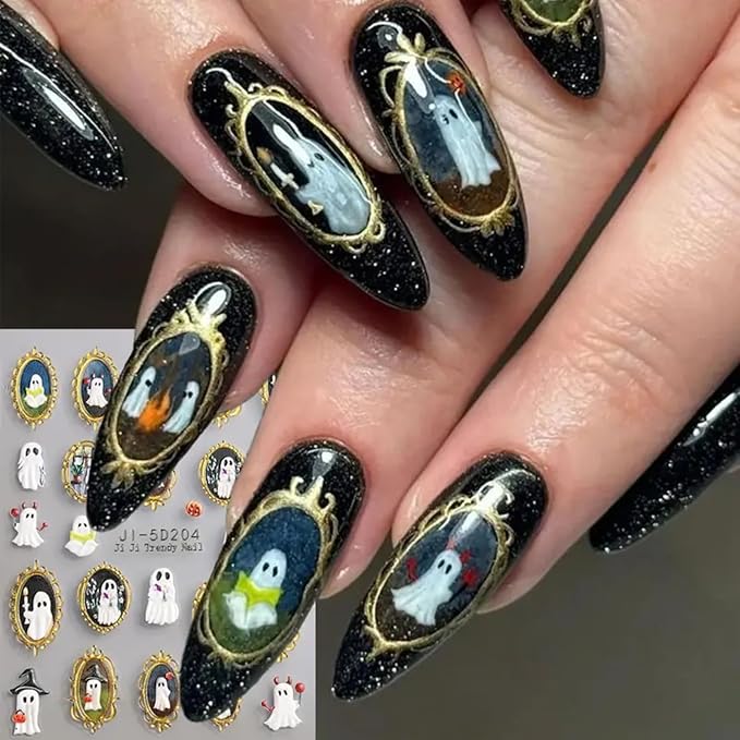 Halloween Nail Art Stickers Decals 5D Embossed Nail Stickers Spider Ghost Pumpkin Nail Art Decals Self-Adhesive Retro Picture Frame Ghost Nails Supplies Colorful Spiders Nails Decorations for Women