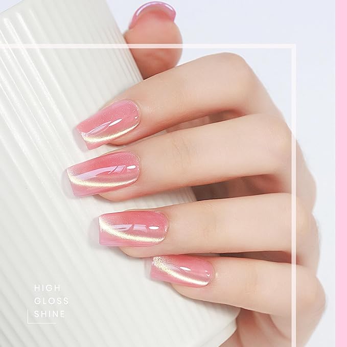 MIZHSE Cat Eye Gel Nail Polish, 8 Colors Glass Magnetic Gel Polish Set with Magnet Stick, Crystal Jelly Pink Purple Colors with Gradual Gold Cat Eye Effect Nail Polish Soak Off Nail Art Gift for Women