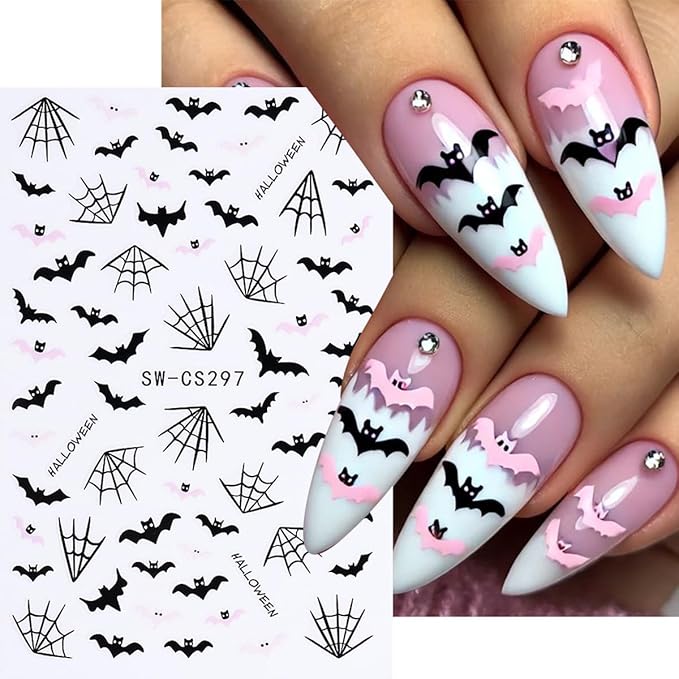 Halloween Nail Art Stickers Decals Skull Bat 3D Self-Adhesive Nail Decals Nail Art Supplies 6PCS Spider Web Butterfly Pumpkin Halloween Nails Design Manicure Sliders for Women DIY Nail Decorations