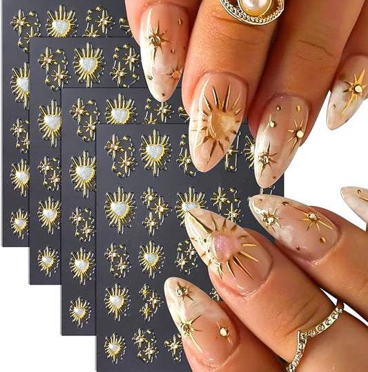 4Pcs Star Nail Decals Embossed Star Nail Art Stickers 5D Self-Adhesive Gold Bronzing Cross Starlight with Heart Rhinestones Nail Design Stickers Luxury Decals for Women Girls Manicure Decoration