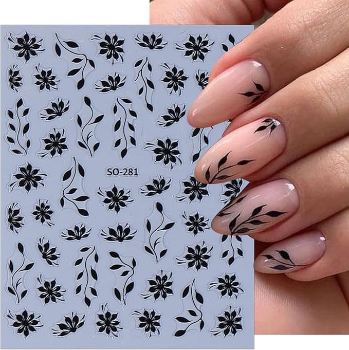 6 Sheets Floral Nail Art Stickers, Spring Leaf Nail Decals, 3D Self-Adhesive Nail Decoration Supplies for Daily Festival DIY Pink White Silver Black Gold Manicure Stickers