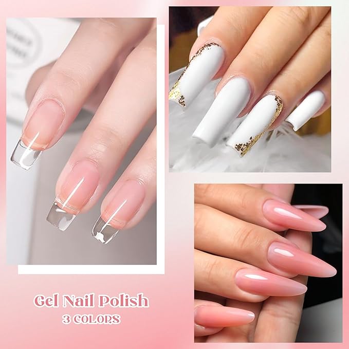 MEET ACROSS Poly Nail Gel 8Pcs Nail Extension Gel Set and Nail Extension Starter Kit for Beginners Nail Art DIY Home Gifts for Women (Clear + White + Pink, 8pcs)