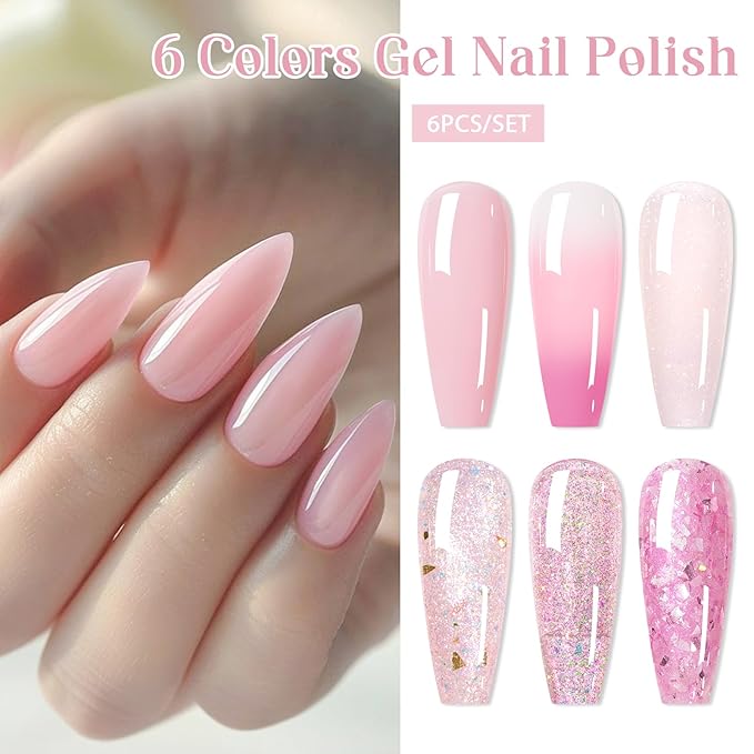 MEET ACROSS Gel Nail Polish Set 6 Pcs Glitter Colors Gel Nail Kit Art Design Soak Off UV LED (SET-8, 6pcs)