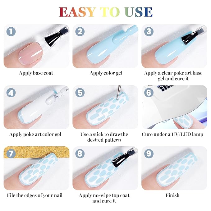 RARJSM Nail Art Poke Gel Nail Polish Set 6pcs Cracked Hole Clear Black White Pink Blue Yellow Poke Crackle Comic Grid Textures Effect Painted Drawing Wave Gelpolish Curing Need Home Salon DIY Design