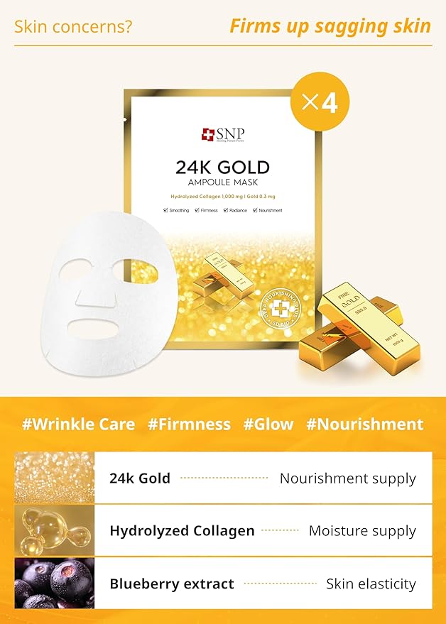 SNP Variety Ampoule Sheet Mask Set | Bird's Nest, 24K Gold, and Diamond Face Mask | Hydrating, Moisturizing, Nourishing for Sensitive Facial Skin | Korean Face Masks Skincare | 12 Sheets