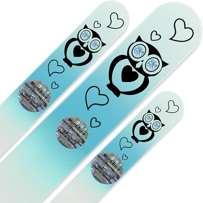 Mont Bleu Set of 3 Owls Crystal Nail Files hand decorated with crystals - Handmade - Czech Tempered Glass