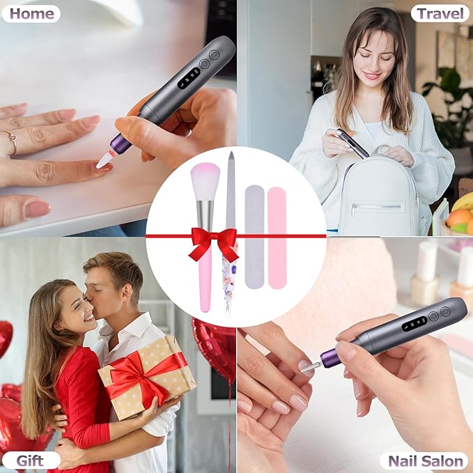 Electric Nail Files Cordless, Professional Nail Drill LCD Display With 12 Bits 30000RPM Rechargeable Manicure Pedicure EFile For Gel Nail Polish Acrylic Nails Thick Toenails Removal,Grey purple