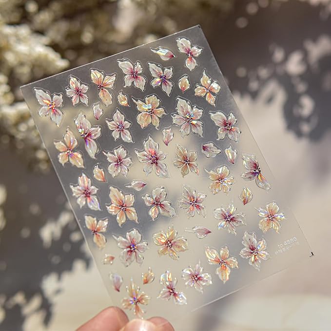 Flower Nail Stickers for Acrylic Self Adhesive 5D Embossed Flowers Nail Art Stickers Aurora Shell Pink Floral Sticker Flower Nails Decals Spring Summer Nail Supplies for Women Nail Decorations