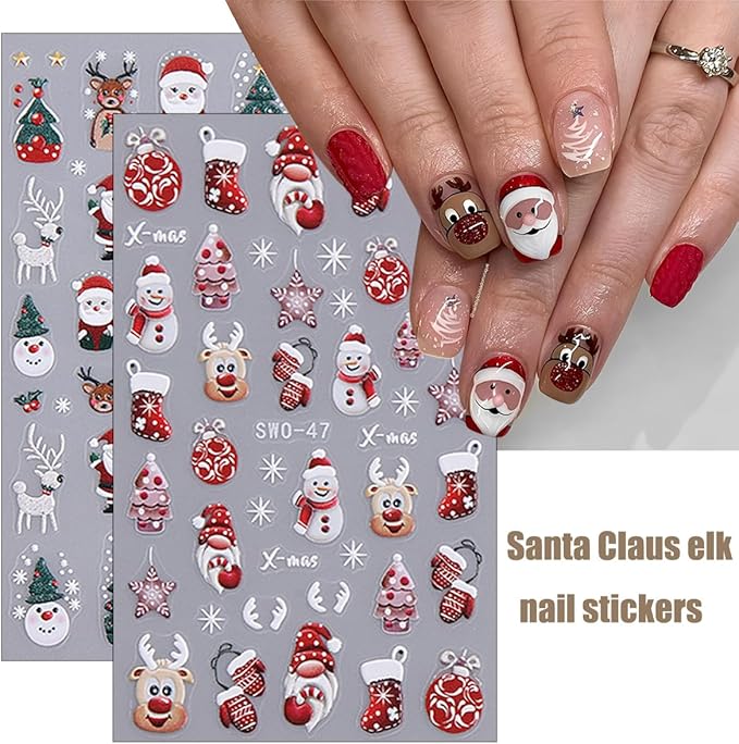 Xmas Nail Art Stickers Decals 5D Embossed Santa Claus Snowman Gingerbread Man Christmas Tree Snowflakes Elk Pattern Nail Decals Cute Nail Stickers for DIY Christmas Party Nail Designs 4 Sheets