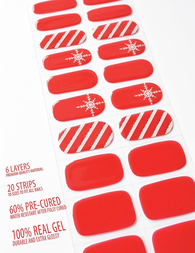 Semi Cured Gel Nail Strips, 20 pcs Nail Wraps, Glaze Stickers, Salon Quality French Manicure, Full Decal Gel Polish Strips, Long Lasting SCG, Easy on, UV Required (Candy Cane)