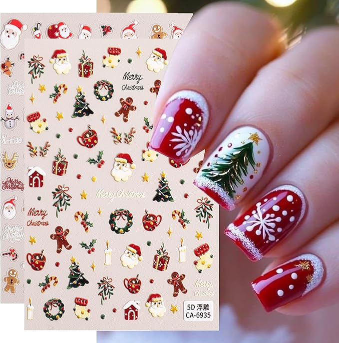 6Sheets Cute Christmas Nail Art Stickers 5D Embossed Cute Santa Claus Elk Designs Nail Decals Self-Adhesive Snowman Snowflake Nail Sticker Xmas Tree Gingerbread Man Nail Decal for Women Nails Decor