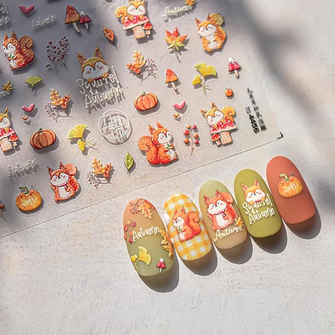 Fall Nail Stickers 5D Embossed Maple Leaf Pumpkin Squirrel Nail Decals Fall Leaves Nails Design Thanksgiving Day Nail Art Stickers Self-Adhesive Maple Leaves Sticker for Women DIY Manicure Decor 1Pcs