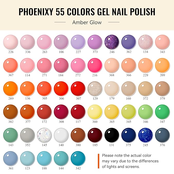 phoenixy Gel Nail Polish Kit with U V Light 74 Pcs Gel Nail Set 55 Colors Nail Polish Set Orange Series Complete Nail Kit with Base Coat & 4 Effects Top Coat Manicure Tools Gifts for Women