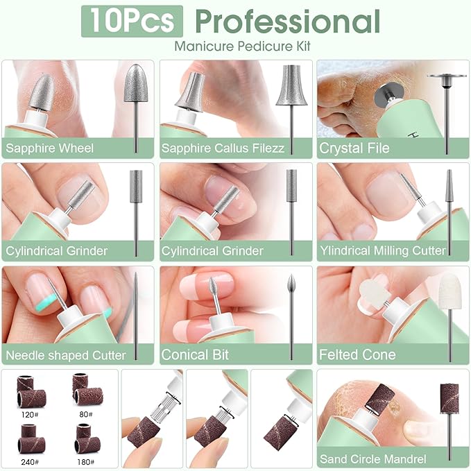 Cordless Electric Nail Drill with 360° LED light&10 Speeds, Professional Manicure Pedicure Kit, Rechargeable Pedicure Tools for feet, Hand Foot Care Nail Drill for Thick Nail Toenail Cuticle Women Men