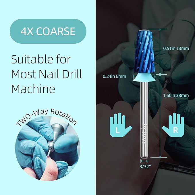 Safety Tapered Nail Drill Bits, 4XC Blue Nano Smooth Top Barrel Nail Bit, 3/32 Two-way Carbide Drill Bits for Nails, Electric Drills Accessories Removal Manicure Arylic Powder