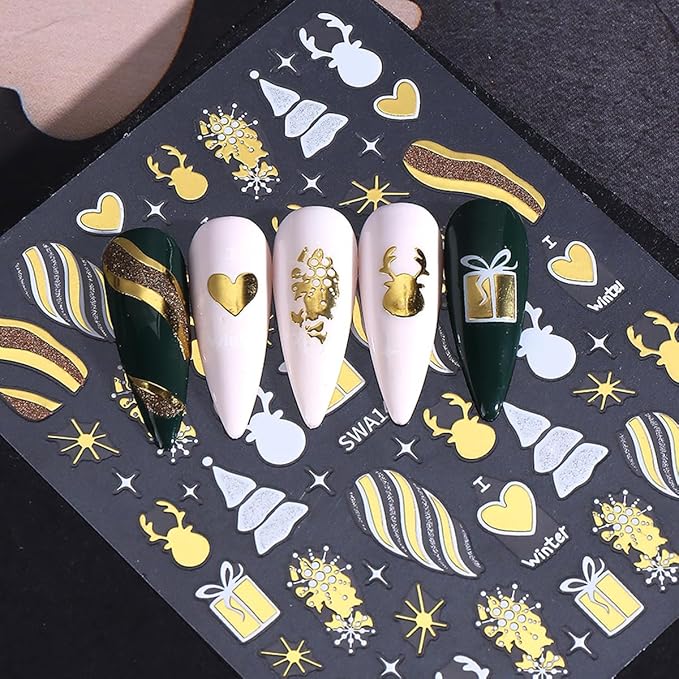 4 Sheets Christmas Nail Stickers for Nail Art WLGDLH 3D Self Adhesive Gold Pink Nail Art Stickers Snowflake Gift Nail Decals Xmas Elk Deer Nail Supplies for Women DIY Christmas Decorations