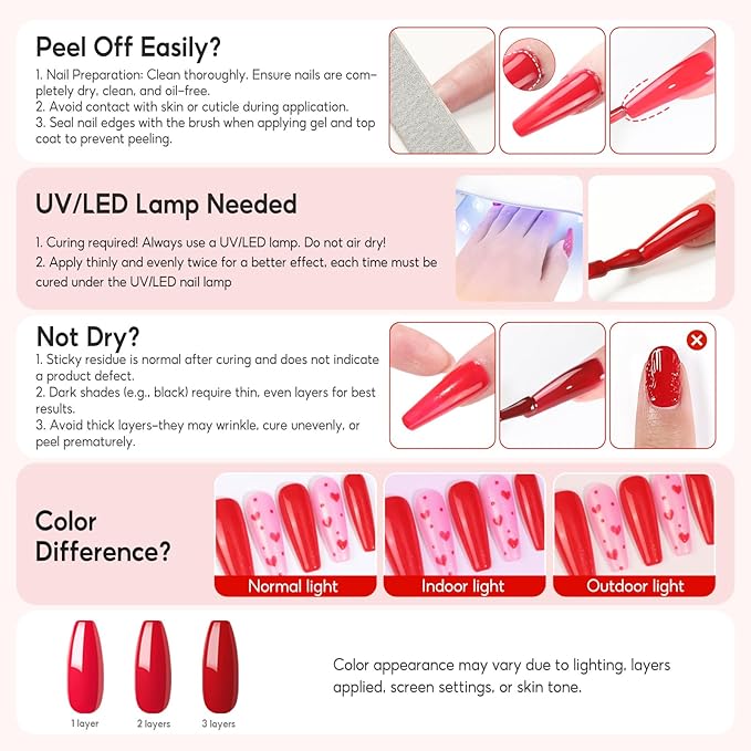 Peacecolor Red Gel Nail Polish Set, 6pcs 10ML Soak Off Gel Polish Dark Red Burgundy Shimmer Glitter Colors Nail Art Starter Kit Gifts for Women