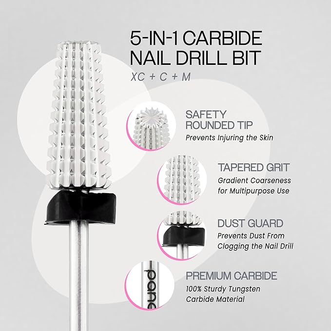 PANA Nail Carbide 5 in 1 Bit - Two Way Rotate use for Both Left and Right Handed - Fast remove Acrylic or Hard Gel - 3/32" Shank - Manicure, Nail Art, Drill Machine (Extra Coarse - XC, Silver)