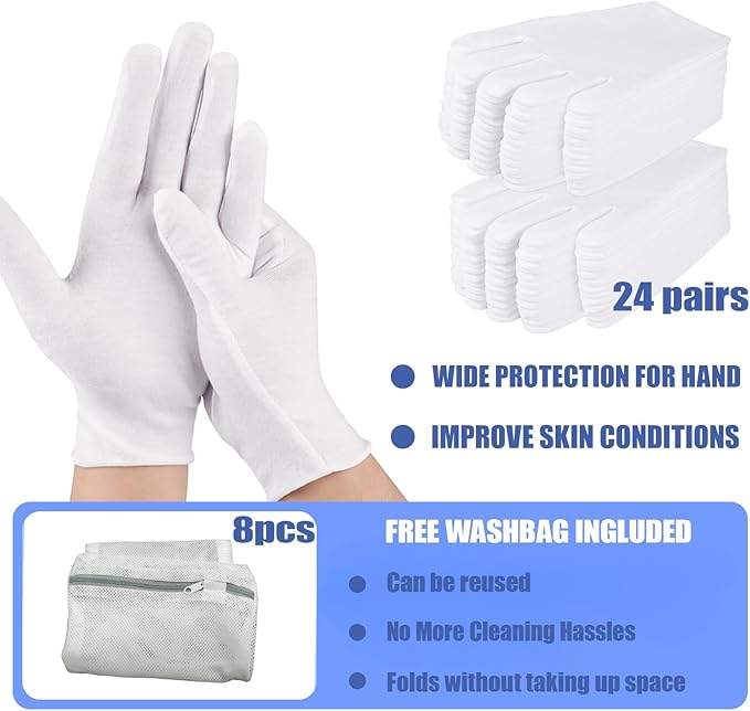 24 Pairs of White Cotton Gloves, Suitable for Both Men and Women, Breathable and moisturizing Gloves, Used to Relieve Hand Dryness and Eczema, Suitable for SPA Care, Cosmetics, and Jewelry