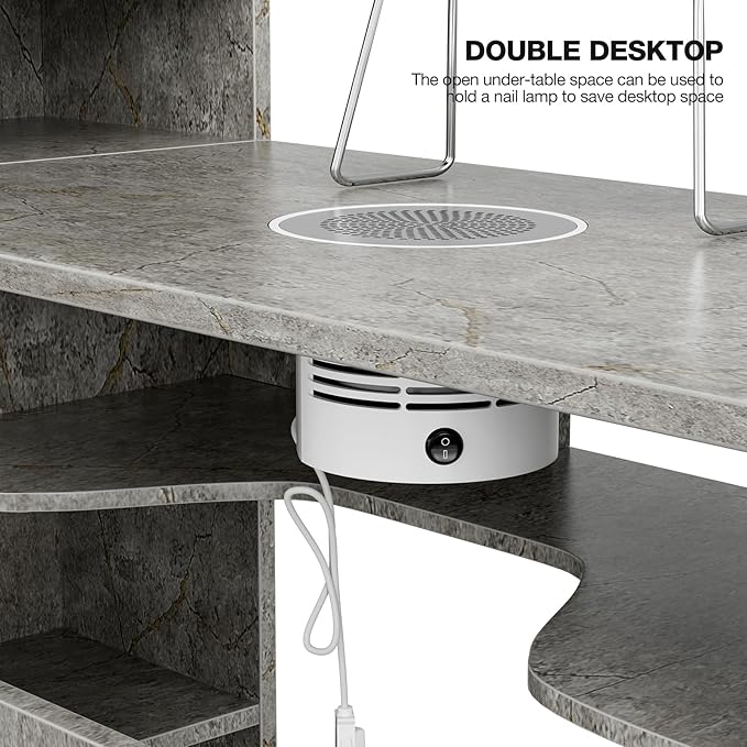 Manicure Table with Shelves, L-Shaped Nail Table Station Marbling Texture w/Electric Downdraft Vent, Foldable Nail Arm Rest, Storage Cabinets, Drawers, Metal Handles & Legs for Nail Tech(Grey)