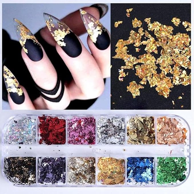 Gold Nail Art Glitter & Sequins Holographic Irregular Foil Sticker 3D Glitter Foil Flakes Decals - 12 Colors