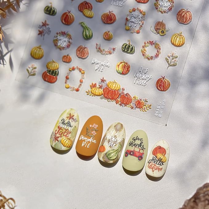 5D Embossed Autumn Pumpkin Nail Art Stickers for Nail Art Self-Adhesive Thanksgiving Nail Stickers Fallen Leaves Pumpkin Designs Nail Supplies Maple Leaf Nail Decals for Women Acrylic Manicure Salon