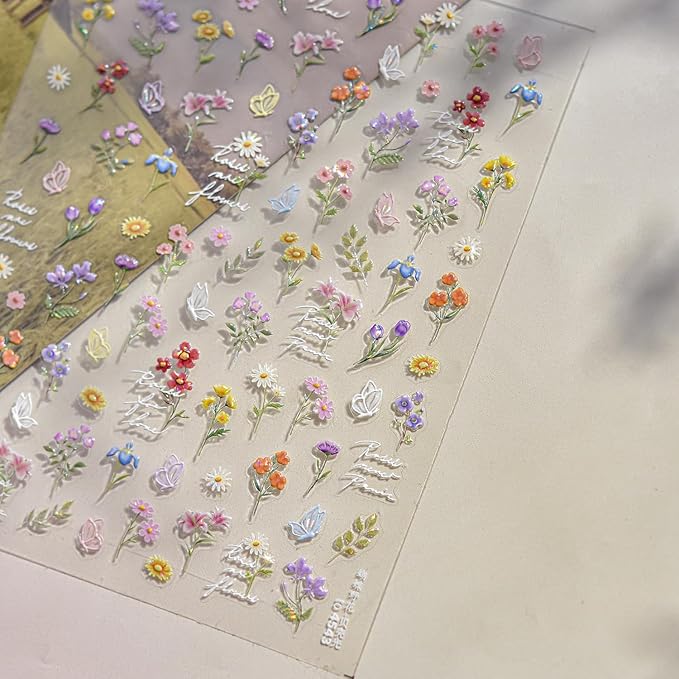 Flowers Nail Art Stickers for Acrylic Nails Colorful Flower Nail Decals 5D Embossed Self Adhesive Daisy Nail Sticker with Butterfly Designs Nail Stickers Spring Cute Floral Nail Decal for Women