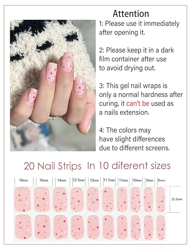 Semi Cured Gel Nail Strips, 20pcs Gel Nail Stickers UV, Gel Nail Wraps for Home Nails DIY,Dots