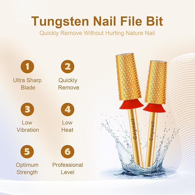 3/32" Large Tapered Barrel Flat Bit Tungsten Carbide Nail Drill Bit Safety Bit for Gel & Acrylic Removal, 2- Way Rotating Efile Tip, Salon Electric File Accessory (F Girt, Gold)