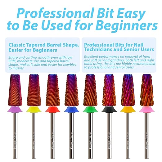 Professional Nail Drill Bits for New Artists, Cross Cut 3/32'' Safety Tungsten Carbide Tapered Bit, Remove Gel Fast, Left & Right Hand Use, Manicure Cuticle Soft Hard Gel Polishing, Double Coarse.
