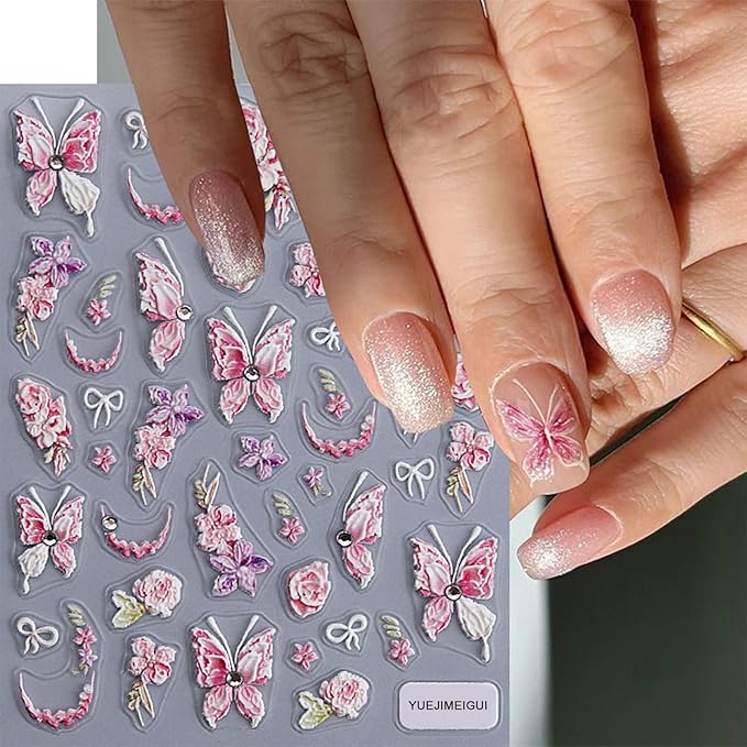 1 Sheets Butterfly Crystal Diamond Nail Art Stickers Embossed Butterfly Nail Decals French Flower Bow Design Self-Adhesive Pegatinas Uñas Nail Stickers Nail Decals for Women Spring Nails Decoration