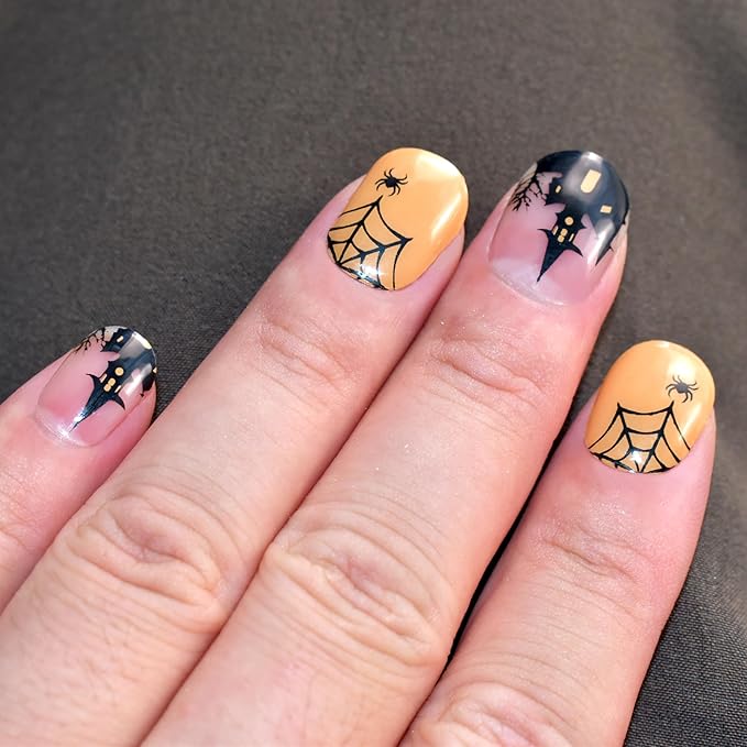 Semi Cured Gel Nail Strips Orange Gel Nails Sticker 22pcs Halloween Spider Nail Wraps for Home Nails DIY