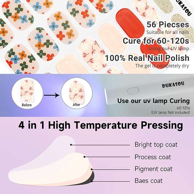 Semi Cured Gel Nail Strips 2 Set, (Glitter,Five Flower) 56 Pcs Gel Nail Wraps,Stickers Works with Any UV/LED Lamps,Long Lasting,Salon-Quality, Easy to Apply