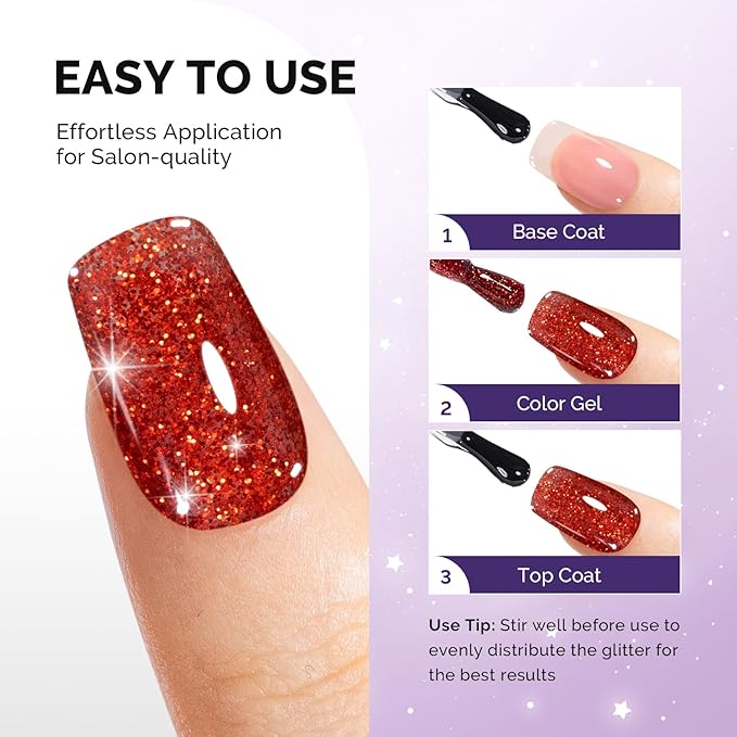 MelodySusie Galaliver Glitter Gel Nail Polish, 15ML Sparkly Shimmer Gel Polish Soak Off UV LED Cured Long Lasting Gift for Women DIY Nail Design Nail Art Manicure Hot Red X01