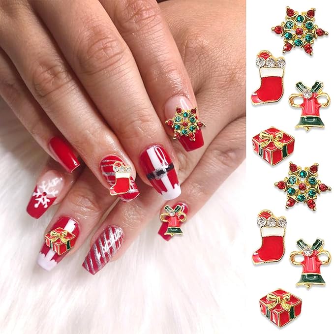 12 Pcs Colorful Christmas Nail Charms Glitter 3D Alloy Snowman Snowflake Reindeer Bell Nail Art Charms Metal Diamonds Nail Rhinestones Crystals Nail Gems Winter Xmas Gift Nail Supplies for Women DIY
