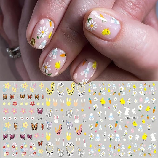 6Sheets Easter Nail Art Stickers Decals Cute Bunny Flower Designs 3D Self-Adhesive Nail Decals Spring Nail Decorations Floral Daisy Butterfly DIY Nail Supplies Easter Nail Accessories for Women Kids