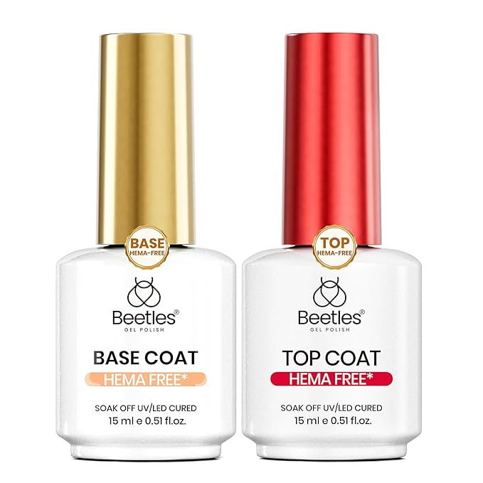 Beetles 15ml Gel Base and Top Coat Set HEMA Free, TPO Free Top Coat Gel Nail Polish & Base Clear Glossy Long Lasting No Wipe Soak Off Upgraded Safe Low-Sensitivity, No More Damaged Gifts for Women